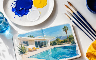 Artist's materials including a paint palette with bold colours, fine brushes and an open sketchbook on a white linen surface – illustrating a tribute to British artist David Hockney